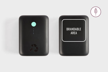 Black portable power bank and optional brandable area. Ideal for corporate or client gifting
